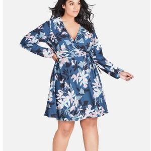 City Chic Luna Floral Wrap Dress Long Sleeve Blue Size XL 22